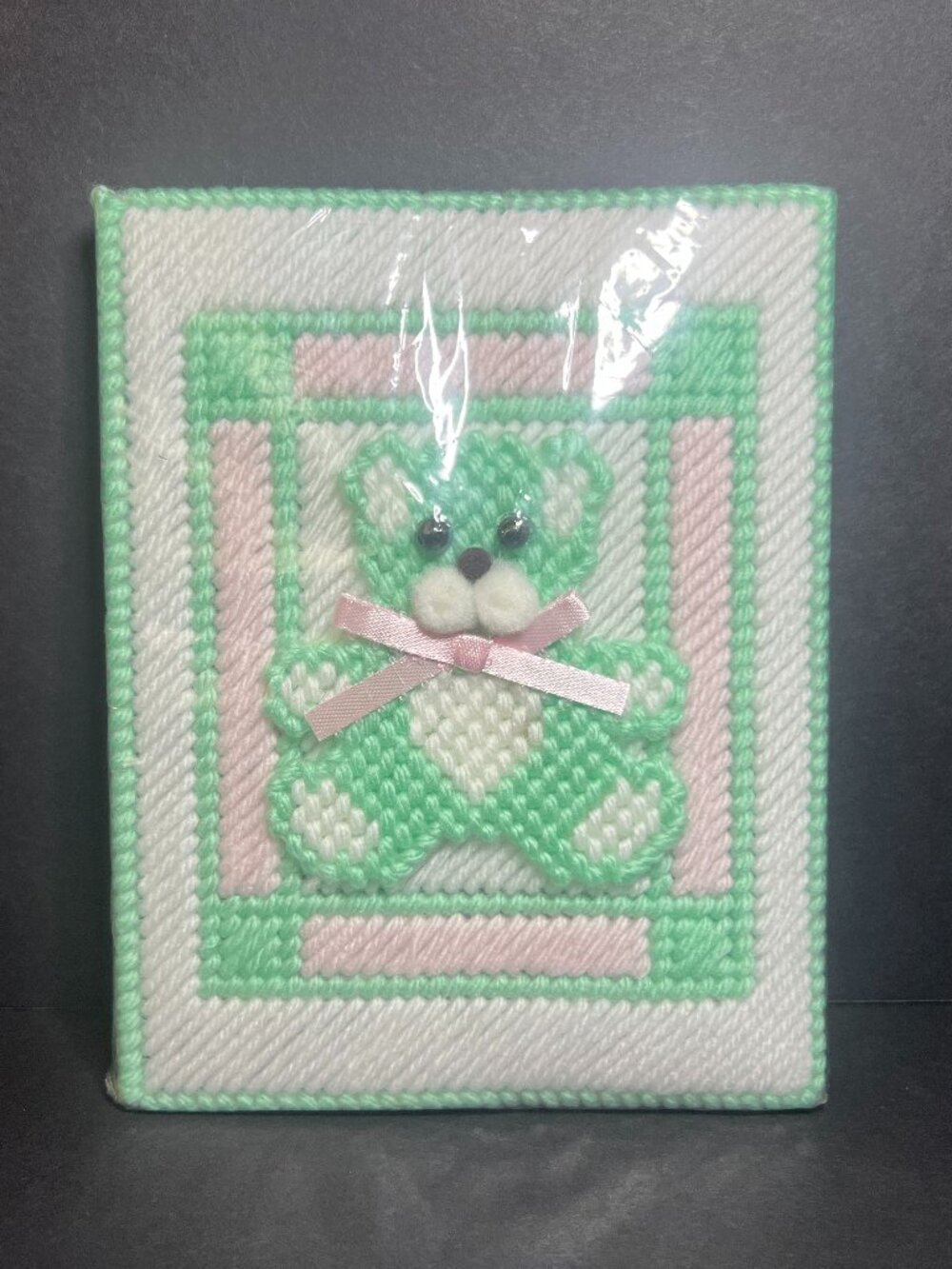 Needlepoint Plastic Canvas Green & White Teddy Bear Baby Photo Album Brag Book